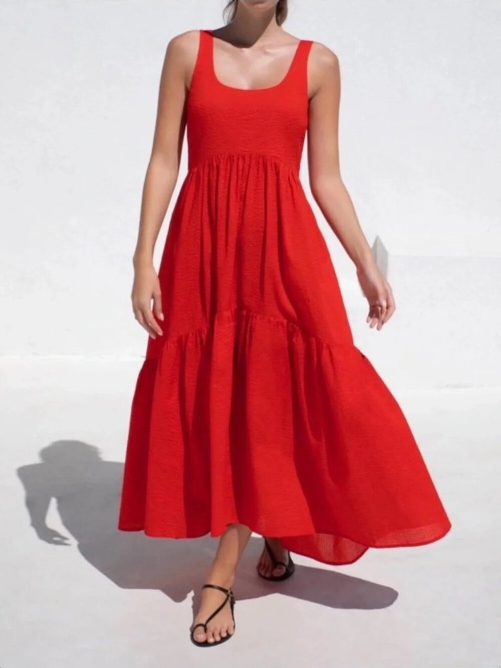 AYR The Magic Hour Crinkle Cotton Red Midi Dress - Medium